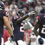 Houston Texans free safety Andre Hal (29) celebrates a reception during the first half of an NFL preseason football game against the Arizona Cardinals, Sunday, Aug. 28, 2016, in Houston. (AP Photo/Eric Christian Smith)