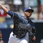 San Diego Padres starting pitcher Luis Perdomo works against the Arizona Diamondbacks in the first inning of a baseball game, Sunday, Aug. 21, 2016, in San Diego. (AP Photo/Lenny Ignelzi)