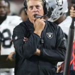 Oakland Raiders coach Jack Del Rio looks up during a timeout in the first half during an NFL preseason football game against the Arizona Cardinals on Friday, Aug. 12, 2016, in Glendale, Ariz. (AP Photo/Rick Scuteri)