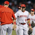 Cincinnati Reds outfielder Billy Hamilton (6) is congratulated by teammates after a 13-0 victory against the Arizona Diamondbacks during a baseball game, Saturday, Aug. 27, 2016, in Phoenix. (AP Photo/Ralph Freso)