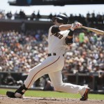 San Francisco Giants' Buster Posey hits a two-RBI double off Arizona Diamondbacks starting pitcher Shelby Miller in the first inning of a baseball game Wednesday, Aug. 31, 2016, in San Francisco. (AP Photo/Eric Risberg)