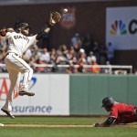 Arizona Diamondbacks' Rickie Weeks, right, goes sliding to steal second base as San Francisco Giants shortstop Brandon Crawford leaps for the throw in the sixth inning of a baseball game Wednesday, Aug. 31, 2016, in San Francisco. (AP Photo/Eric Risberg)