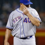 New York Mets' Bartolo Colon pauses on the mound on his way to giving up three run against the Arizona Diamondbacks during the first inning of a baseball game, Monday, Aug. 15, 2016, in Phoenix. (AP Photo/Ross D. Franklin)