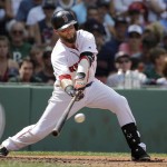 Boston Red Sox's Dustin Pedroia singles off a pitch by Arizona Diamondbacks' Dominic Leone in the third inning of a baseball game, Sunday, Aug. 14, 2016, in Boston. (AP Photo/Steven Senne)