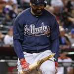 Atlanta Braves' Matt Kemp snaps his bat in half after striking out against the Arizona Diamondbacks during the seventh inning of a baseball game Wednesday, Aug. 24, 2016, in Phoenix. (AP Photo/Ross D. Franklin)