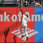 San Francisco Giants center fielder Gorkys Hernandez catches a fly ball hit by the Arizona Diamondbacks' Paul Goldschmidt in the sixth inning of a baseball game Wednesday, Aug. 31, 2016, in San Francisco. (AP Photo/Eric Risberg)