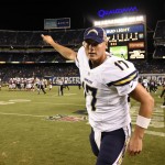 San Diego Chargers quarterback Philip Rivers gestures as time runs out as the Chargers defeated the Arizona Cardinals 19-3 during a preseason NFL football game, Friday, Aug. 19, 2016, in San Diego. (AP Photo/Denis Poroy)