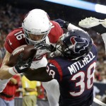 Arizona Cardinals wide receiver Jaxon Shipley (16) makes a catch for a touchdown over Houston Texans defensive back Terrance Mitchell (38) during the second half of an NFL preseason football game, Sunday, Aug. 28, 2016, in Houston. (AP Photo/Jeff Roberson)
