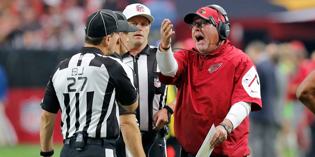 Arizona Cardinals head coach Bruce Arians yells at the referees during the first half of an NFL foo...
