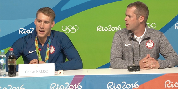 Chase Kalisz, left, speaks at a press conference at the 2016 Rio Olympics. (Cronkite News)...