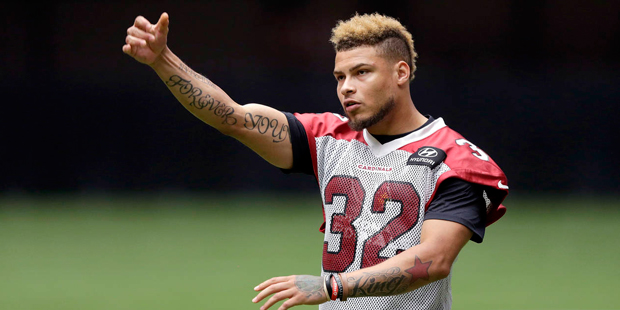 FILE - In this July 29, 2016, file photo, Arizona Cardinals' Tyrann Mathieu throws during practice ...