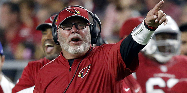Arizona Cardinals head coach Bruce Arians yells during the first half of an NFL preseason football ...