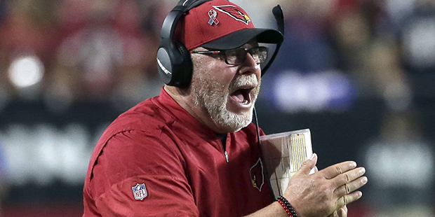 Arizona Cardinals head coach Bruce Arians yells during the second half of an NFL football game agai...