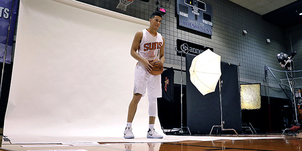 Phoenix Suns' Devin Booker poses for a photo, Monday, Sept. 26, 2016, during the NBA team's media d...