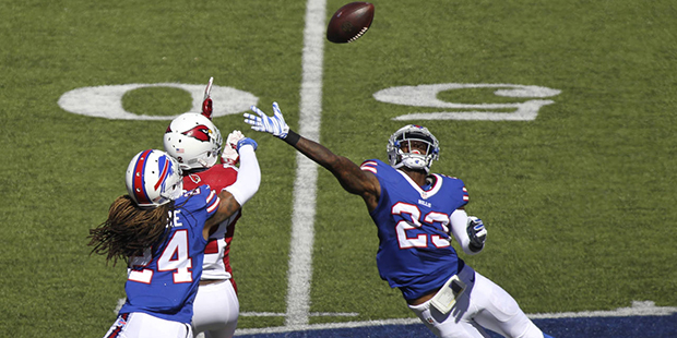Buffalo Bills defenders Stephon Gilmore (24) and Aaron Williams (23) break up a pass intended for A...