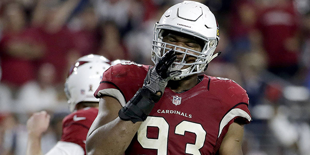 Arizona Cardinals defensive end Calais Campbell (93) reacts to a missed game-winning field goal att...