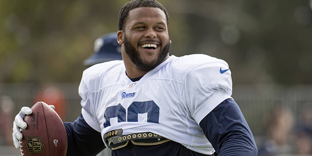Los Angeles Rams' Aaron Donald plays catch before the practice at Crawford Field at University of C...