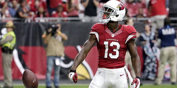 Arizona Cardinals wide receiver Jaron Brown (13) celebrates his touchdown against the Tampa Bay Buc...