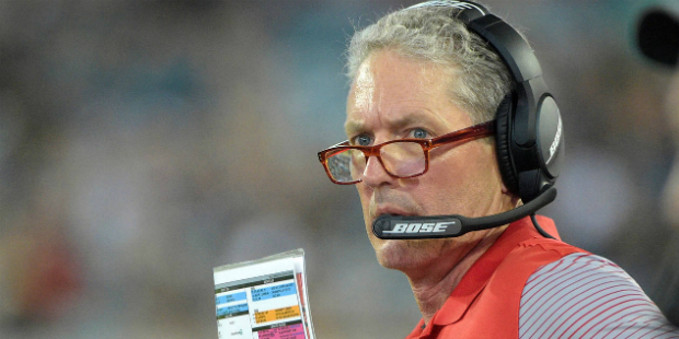 FILE - In this Aug. 20, 2016, file photo, Tampa Bay Buccaneers head coach Dirk Koetter calls a play...