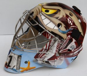 This Looney Tunes-themed mask was the first that artist David Arrigo produced for goalie Mike Smith when he joined the Coyotes. Cartoon characters are a common theme in Smith’s masks. (Photo courtesy of David Arrigo)