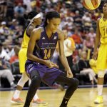 Phoenix Mercury's DeWanna Bonner (24) celebrates after making a basket and getting fouled during the second half of a first round WNBA playoff basketball game against the Indiana Fever, Wednesday, Sept. 21, 2016, in Indianapolis. Phoenix won the game, 89-78. (AP Photo/Darron Cummings)