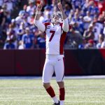 Arizona Cardinals kicker Chandler Catanzaro (7) celebrates a long field goal during the second half of an NFL football game against the Buffalo Bills on Sunday, Sept. 25, 2016, in Orchard Park, N.Y. (AP Photo/Bill Wippert)