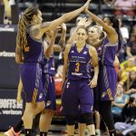 Phoenix Mercury's Diana Taurasi (3) walks to the bench as teammates celebrate after a timeout by the Indiana Fever during the second half of a first round WNBA playoff basketball game, Wednesday, Sept. 21, 2016, in Indianapolis. Phoenix won the game, 89-78. (AP Photo/Darron Cummings)