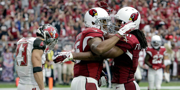 Arizona Cardinals wide receiver Michael Floyd (15) celebrates his touchdown with teammate Larry Fit...