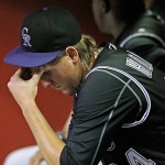 Colorado Rockies pitcher Jeff Hoffman sits in the dugout after being pulled during the fifth inning of a baseball game against the Arizona Diamondbacks on Wednesday, Sept. 14, 2016, in Phoenix. (AP Photo/Ross D. Franklin)