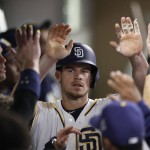 San Diego Padres' Wil Myers celebrates with teammates after hitting a home run during the fourth inning of a baseball game against the Arizona Diamondbacks on Monday, Sept. 19, 2016, in San Diego. (AP Photo/Gregory Bull)