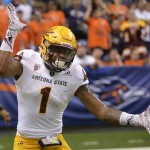Arizona State wide receiver N'Keal Harry celebrates his touchdown reception during the second quarter of an NCAA college football game against UTSA, Friday, Sept. 16, 2016, in San Antonio. (AP Photo/Darren Abate)