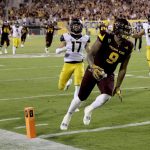 Arizona State tight end Jay Jay Wilson (9) scores a touchdown against California during the second half of an NCAA college football game, Saturday, Sept. 24, 2016, in Tempe, Ariz. Arizona State won 51-41. (AP Photo/Matt York)