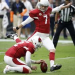 Arizona Cardinals kicker Chandler Catanzaro (7) kicks a field goal as punter Drew Butler (2) holds during the first half of an NFL football game against the Tampa Bay Buccaneers, Sunday, Sept. 18, 2016, in Glendale, Ariz. (AP Photo/Ross D. Franklin)
