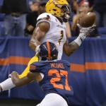 Arizona State wide receiver N'Keal Harry (1) makes a touchdown reception against UTSA cornerback Teddrick McGhee during the second quarter of an NCAA college football game, Friday, Sept. 16, 2016, in San Antonio. (AP Photo/Darren Abate)