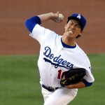 
              Los Angeles Dodgers starting pitcher Kenta Maeda, of Japan, throws during the first inning of a baseball game against the Arizona Diamondbacks, Monday, Sept. 5, 2016, in Los Angeles. (AP Photo/Mark J. Terrill)
            