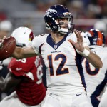 Denver Broncos quarterback Paxton Lynch (12) throws against the Arizona Cardinals during the first half of an NFL preseason football game, Thursday, Sept. 1, 2016, in Glendale, Ariz. (AP Photo/Ross D. Franklin)