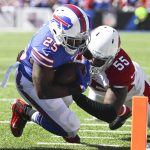 Buffalo Bills running back LeSean McCoy (25) gets past Arizona Cardinals outside linebacker Chandler Jones (55) to score a touchdown during the first half of an NFL football game on Sunday, Sept. 25, 2016, in Orchard Park, N.Y. (AP Photo/Bill Wippert)