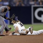 Arizona Diamondbacks second baseman Jean Segura tags out San Diego Padres' Travis Jankowski (16) as he is caught stealing second base during the seventh inning of a baseball game Monday, Sept. 19, 2016, in San Diego. (AP Photo/Gregory Bull)