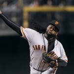 San Francisco Giants' Johnny Cueto throws a pitch against the Arizona Diamondbacks during the first inning of a baseball game, Saturday, Sept. 10, 2016, in Phoenix. (AP Photo/Ralph Freso)