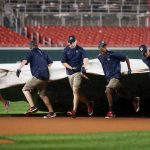 Play is suspended for rain during the 6th inning of a baseball game at Nationals Park in Washington, Monday, Sept. 26, 2016. (AP Photo/Andrew Harnik)