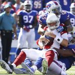 Arizona Cardinals quarterback Carson Palmer (3) is sacked by Buffalo Bills outside linebackers Jerry Hughes (55) and Lorenzo Alexander during the first half of an NFL football game on Sunday, Sept. 25, 2016, in Orchard Park, N.Y. (AP Photo/Bill Wippert)