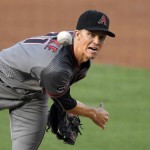 Arizona Diamondbacks starter Zack Greinke watches a pitch during the first inning of a baseball game against the Los Angeles Dodgers, Monday, Sept. 5, 2016, in Los Angeles. (AP Photo/Mark J. Terrill)