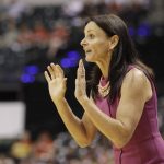 Phoenix Mercury head coach Sandy Brondello shouts instructions during the second half of a first round WNBA playoff basketball game against the Indiana Fever, Wednesday, Sept. 21, 2016, in Indianapolis. Phoenix won the game, 89-78. (AP Photo/Darron Cummings)