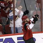 Arizona Coyotes' Stefan Fournier celebrates his goal against the Los Angeles Kings during the second period of a preseason NHL hockey game Monday, Sept. 26, 2016, in Glendale, Ariz. (AP Photo/Ross D. Franklin)