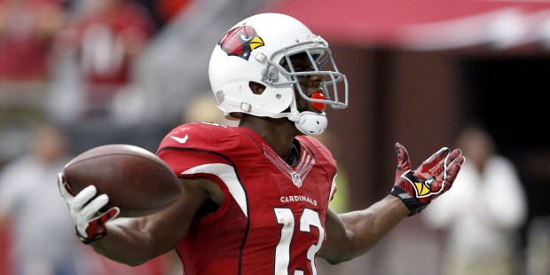 Arizona Cardinals wide receiver Jaron Brown (13) celebrates his touchdown against the Tampa Bay Buc...