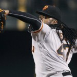 San Francisco Giants' Johnny Cueto throws a pitch against the Arizona Diamondbacks during the second inning of a baseball game, Saturday, Sept. 10, 2016, in Phoenix. (AP Photo/Ralph Freso)
