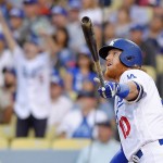 Los Angeles Dodgers third baseman Justin Turner watches his solo home run during the fifth inning of a baseball game against the Arizona Diamondbacks, Monday, Sept. 5, 2016, in Los Angeles. (AP Photo/Mark J. Terrill)