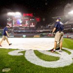 Play is suspended for rain during the 6th inning of a baseball game between the Washington Nationals and the Arizona Diamondbacks at Nationals Park in Washington, Monday, Sept. 26, 2016. (AP Photo/Andrew Harnik)