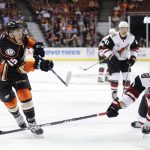 Anaheim Ducks' Deven Sideroff, left, shoots under pressure by Arizona Coyotes' Jakob Chychrun during the second period of an NHL preseason hockey game, Tuesday, Sept. 27, 2016, in Anaheim, Calif. (AP Photo/Jae C. Hong)