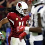 Arizona Cardinals wide receiver Larry Fitzgerald (11) celebrates a catch against the New England Patriots during the second half of an NFL football game, Sunday, Sept. 11, 2016, in Glendale, Ariz. (AP Photo/Ross D. Franklin)